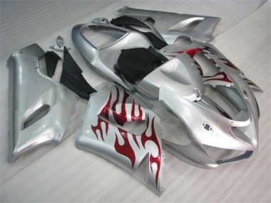 Prata Vermelho Chamas Carenagem Moto Kawasaki ZX6R 05-06